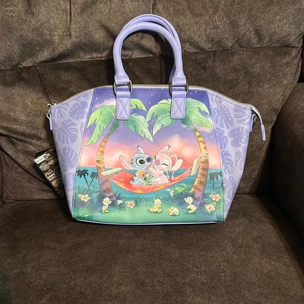 Loungefly Purple Satchel with Stitch and Angel Hammock Tote and long Strap NWT
